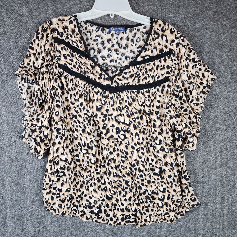 Democracy Blouse Womens 1X W1G90853E Tan Leopard Print Crochet Trim EUC